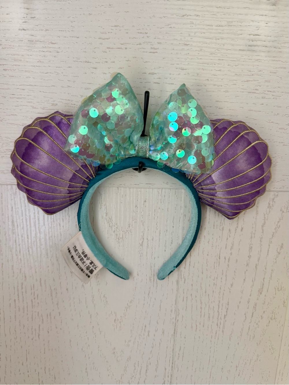 Disney Ariel Mermaid Seashell Ears Headband with Iridescent Aqua Sequin Bow